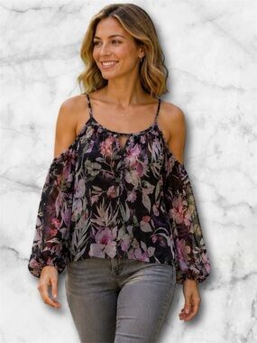 City Streets Black Pink Floral Cold Shoulder Blouse Boho Romantic Flowy Size M